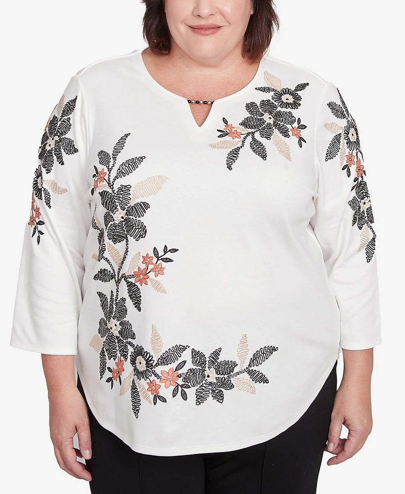 Alfred Dunner Plus Natural Instinct Earthy Floral Embroidered Textured Top