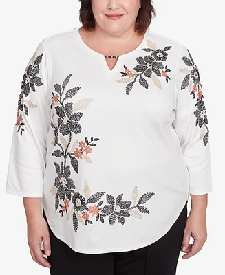 Alfred Dunner Plus Natural Instinct Earthy Floral Embroidered Textured Top