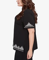 Alfred Dunner Plus Natural Instinct Embroidered Border T-Shirt with Necklace
