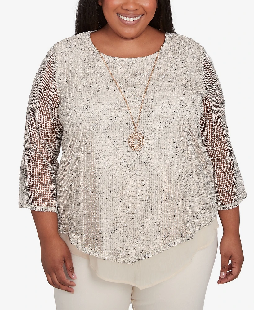 Alfred Dunner Plus Natural Instinct Popcorn Mesh Speckled Top with Necklace