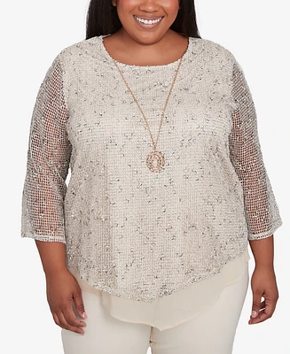 Alfred Dunner Plus Natural Instinct Popcorn Mesh Speckled Top with Necklace