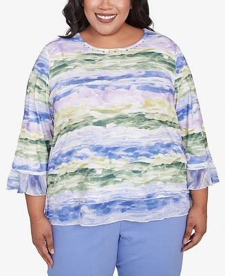 Alfred Dunner Plus Santa Fe Watercolor Biadere Striped Crew Neck Top