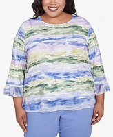 Alfred Dunner Plus Santa Fe Watercolor Biadere Striped Crew Neck Top