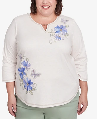 Alfred Dunner Plus Santa Fe Asymmetric Butterfly Floral Embroidered Top
