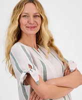 Charter Club Women's Striped 100% Linen Tie-Sleeve Top, Exclusively at Macy's