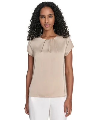 Calvin Klein Women's Cap Sleeve Satin Pleat-Neck Blouse
