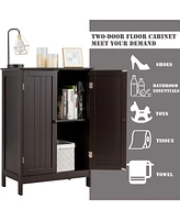 Gymax Bathroom Floor Storage Cabinet Double Door Kitchen Cupboard Shoe Brown