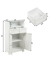 Gymax Bathroom Floor Cabinet Wooden Storage Organizer Side Cabinet W/2 Drawer 2 Doors