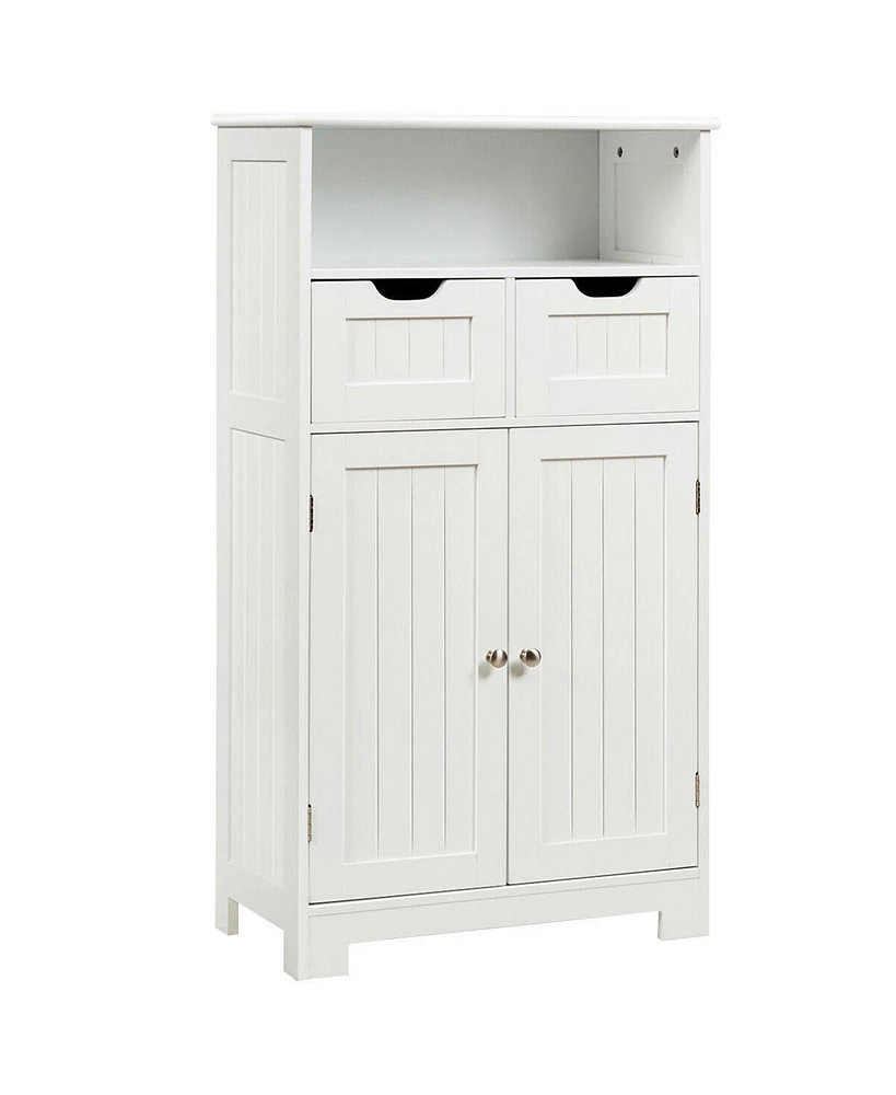 Gymax Bathroom Floor Cabinet Wooden Storage Organizer Side Cabinet W/2 Drawer 2 Doors