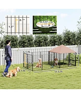PawHut Dog Kennel Outside with Rotating & Adjustable Height Bowls