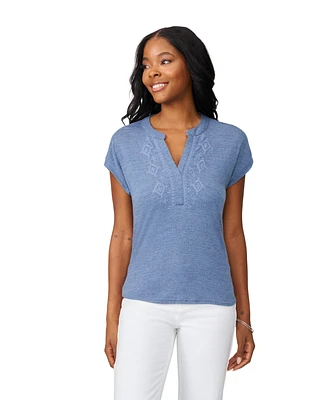 Cable & Gauge Women's Embroidered Crinkle Henley Top