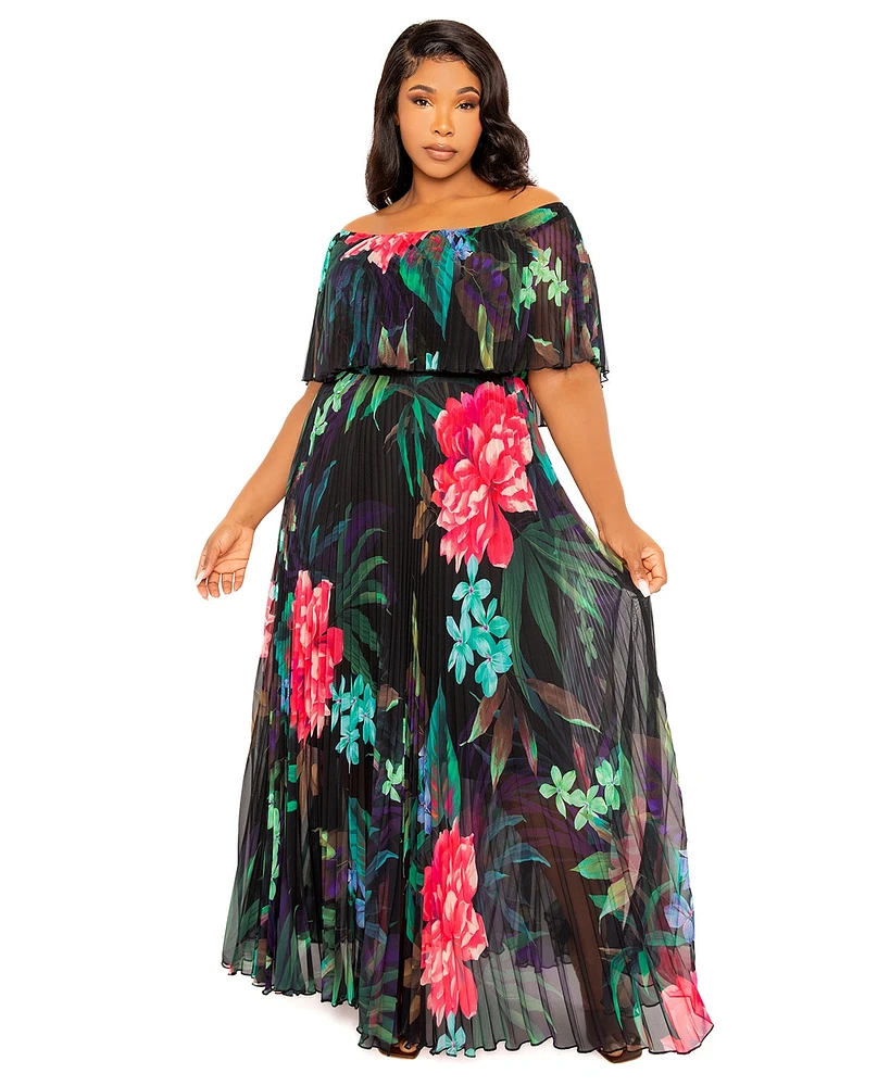 Buxom Couture Plus Floral Off Shoulder Pleated Maxi Dress