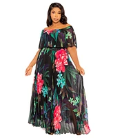Buxom Couture Plus Floral Off Shoulder Pleated Maxi Dress