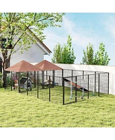 PawHut Dog Kennel Outdoor with Rotating & Adjustable Height Bowls, 2 Rooms