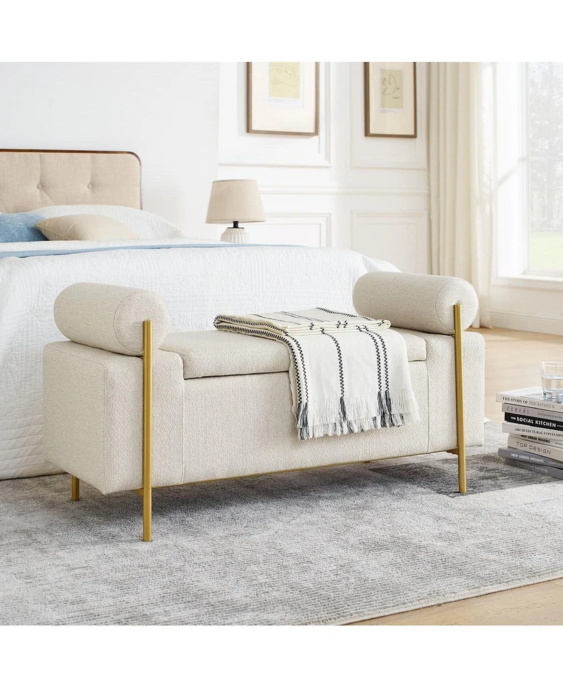 Upholstered Storage Bench with Cylindrical Armrests and Metal Legs Modern Rectangular Ottoman Seat for Bedroom Living Room or Entryway-The Pop Home