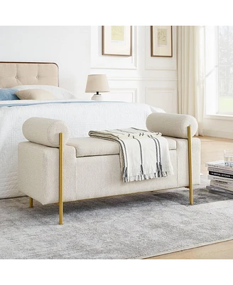 Upholstered Storage Bench with Cylindrical Armrests and Metal Legs Modern Rectangular Ottoman Seat for Bedroom Living Room or Entryway-The Pop Home
