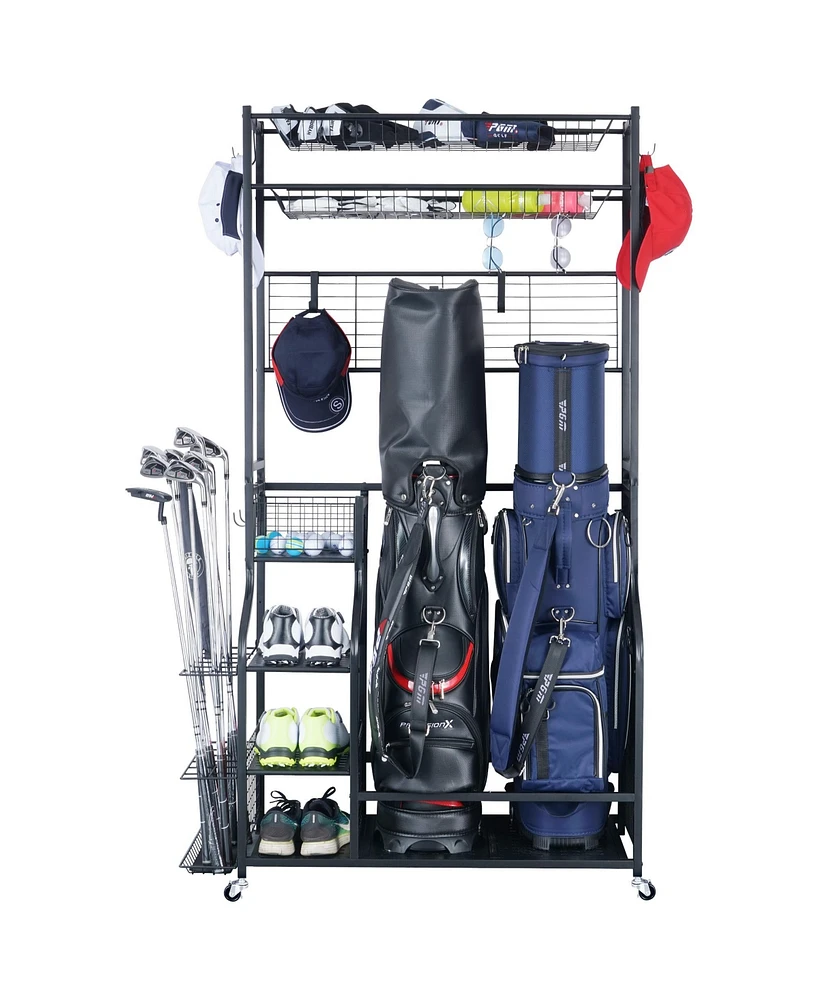 Mythinglogic 160 lbs. Weight Capacity 2 Golf Bags Sport Storage Stand Golfing Equipment Accessories Storage Rack Organizer
