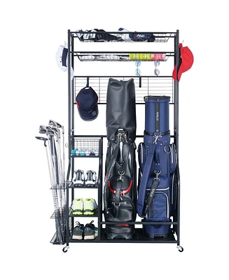 Mythinglogic 160 lbs. Weight Capacity 2 Golf Bags Sport Storage Stand Golfing Equipment Accessories Storage Rack Organizer