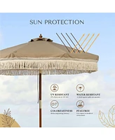 LAGarden Boho 7' Fringe Patio Umbrella with Tassels UPF50+ Boho Style 5-Year-Non-Fading for Outdoor Yard Market Mocha Meander