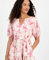 julia jordan Women's Printed Short-Bubble-Sleeve Tie-Waist Dress