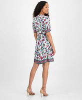 julia jordan Women's Printed Tie-Neck Short-Puff-Sleeve Dresss
