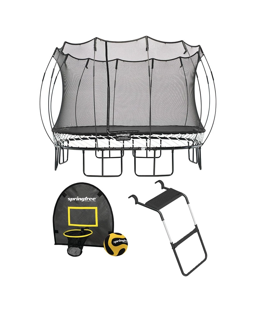 Springfree Trampoline 11 ft x 11 ft Large Square + FlexrHoop + FlexrStep V2 Bundle – Springless Fun with Goal Hoop and Ladder Attachment Access