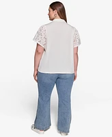 Karl Lagerfeld Paris Plus Mixed-Media Eyelet Top