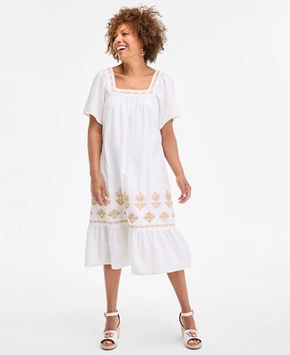 Style & Co Women's Cotton Gauze Embroidered-Trim Square-Neck Midi Dress, Exclusively at Macy's
