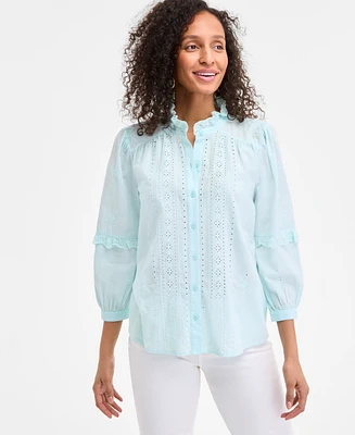 Style & Co Women's Cotton Eyelet-Front 3/4-Puff Sleeve Blouse, Exclusively at Macy's