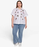 Karl Lagerfeld Paris Plus Cotton Embroidered Camp Shirt