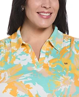 Rafaella Plus Floral Print Ribbed Sleeveless Polo T-Shirt