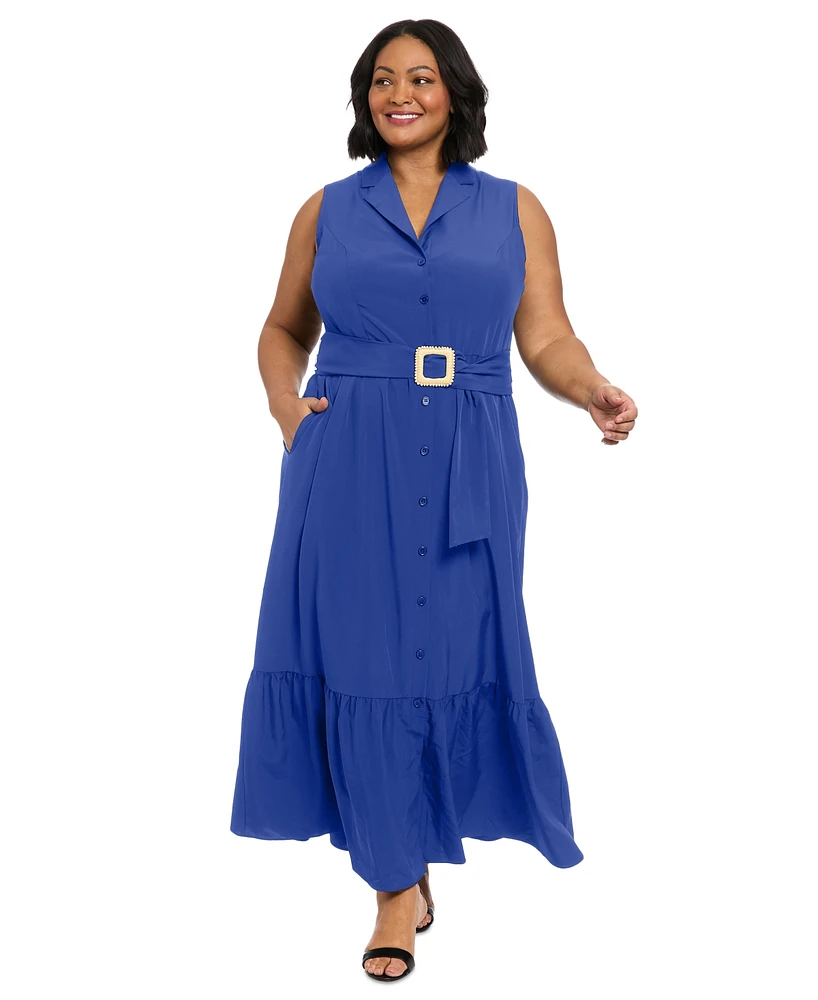 London Times Plus Notched Collar Belted Maxi Shirtdress