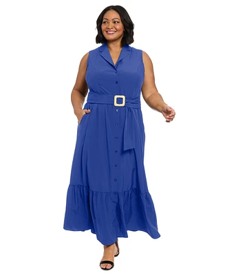 London Times Plus Notched Collar Belted Maxi Shirtdress