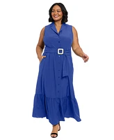 London Times Plus Notched Collar Belted Maxi Shirtdress