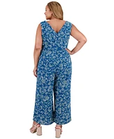 London Times Plus Printed Walk-Through Jumpsuit