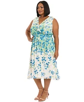 London Times Plus V-Neck Smocked-Waist Midi Dress