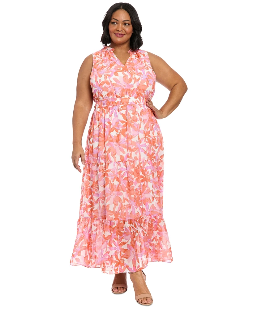 London Times Plus Floral V-Neck Tiered Maxi Dress