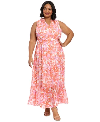 London Times Plus Floral V-Neck Tiered Maxi Dress