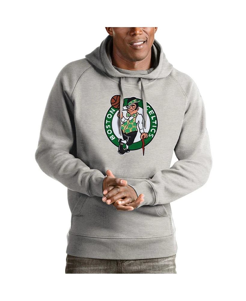 Antigua Men's Heathered Gray Boston Celtics Logo Victory Pullover Hoodie