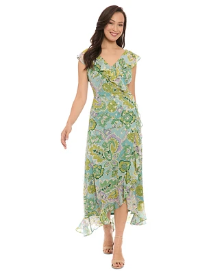 London Times Petite Faux-Wrap Ruffle-Trim Midi Dress