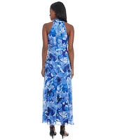 London Times Petite Printed Side-Tie Ruffle-Trim Maxi Dress