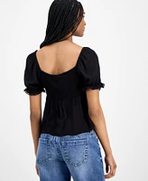Planet Heart Juniors' Sweetheart-Neck Puff-Sleeve Top