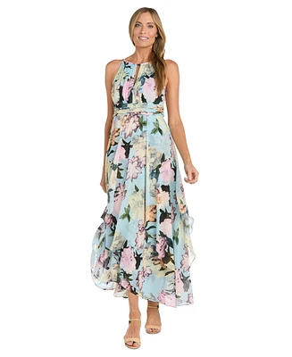 R & M Richards Women's Floral Keyhole Handkerchief-Hem Maxi Dress