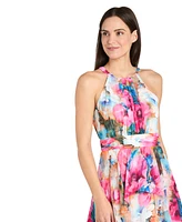 R & M Richards Women's Floral Chiffon Ruffle-Skirt Halter Dress