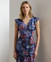 Lauren Ralph Women's Print Ruffle-Trim Crinkle Georgette Gown