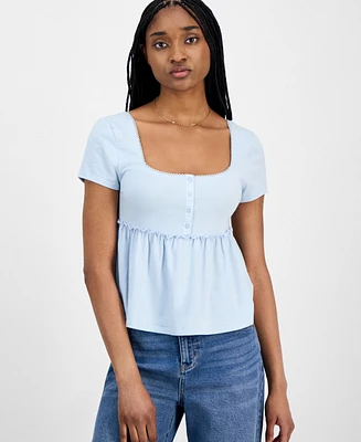 Hippie Rose Juniors' Square-Neck Short-Sleeve Babydoll Top
