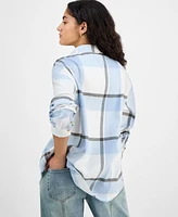 Just Polly Juniors' Girlfriend Frayed-Hem Plaid Shirt