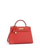Pre-Owned Hermes Kelly 32 Handbag Red Ardennes with Gold Hardware