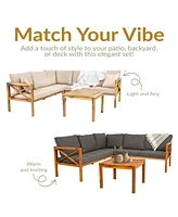 4-Piece Wood Patio Furniture Set - L-Shaped Sectional Outdoor Conversation Light Brown