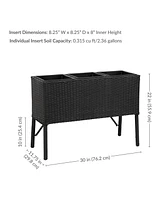 3-Section Wicker Raised Planter Box - 3 Removable Plastic Inserts - Above Ground Raised Garden Bed with Legs - 30.75" W x 11.75" D x 22" H